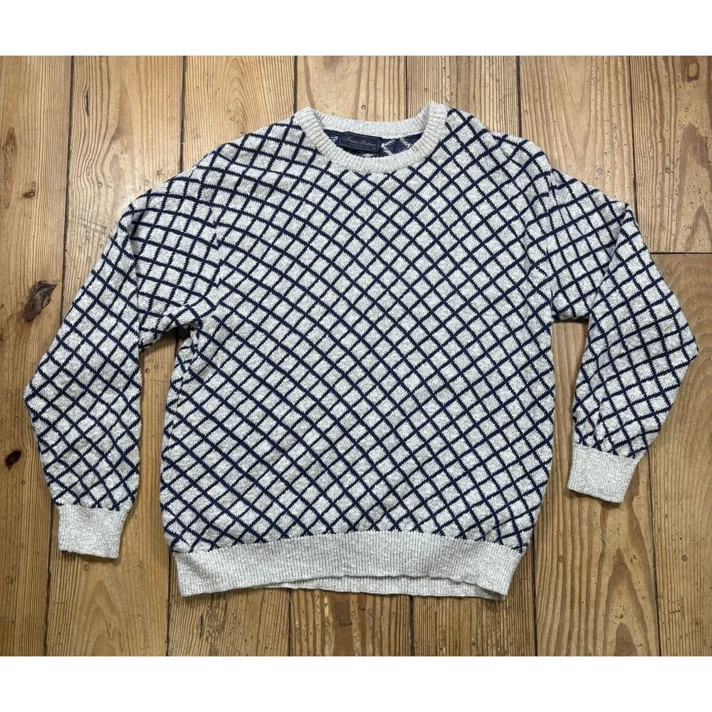 Vintage 80s Brooks Brothers Sweater Mens Large Diamond Grid USA Made Cotton Knit